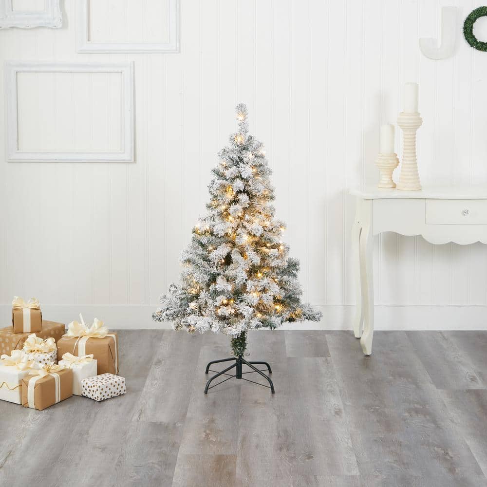 4 ft. Pre-lit Flocked Rock Springs Spruce Artificial Christmas Tree with 100 Clear LED Lights - Hercitys