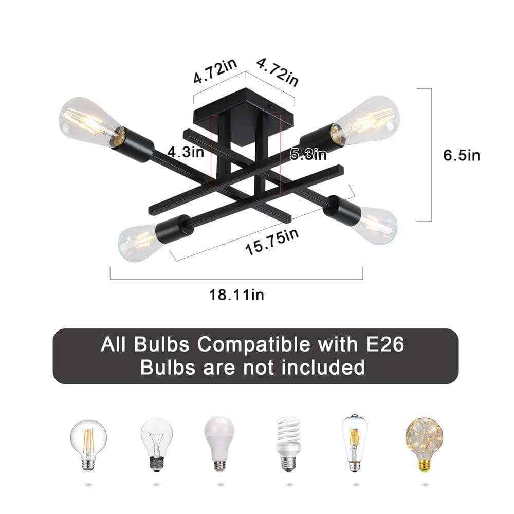 18.11 in. 4-Light Black Modern Sputnik Semi- Flush Mount Ceiling Lights with No Bulbs Included - Hercitys
