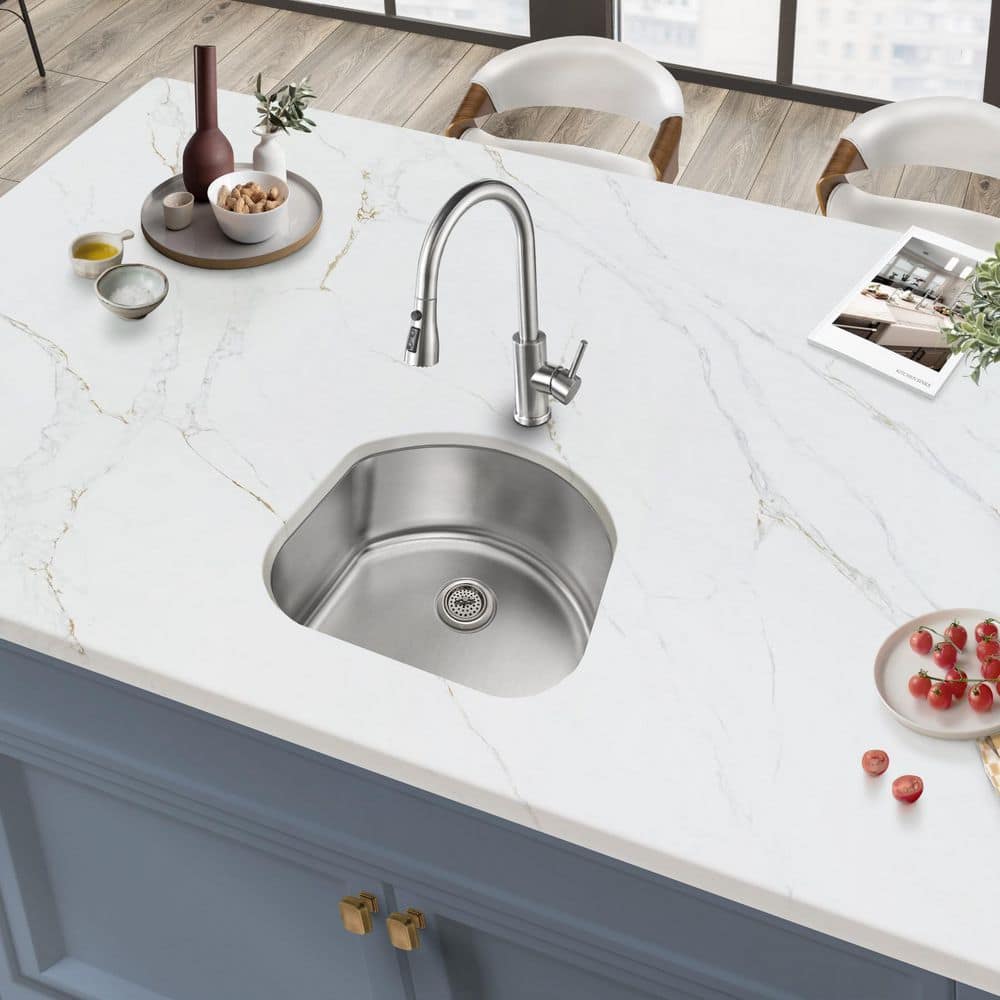 23 in. Undermount D-Shape Single Bowl 18 Gauge Stainless Steel Kitchen Sink - Hercitys