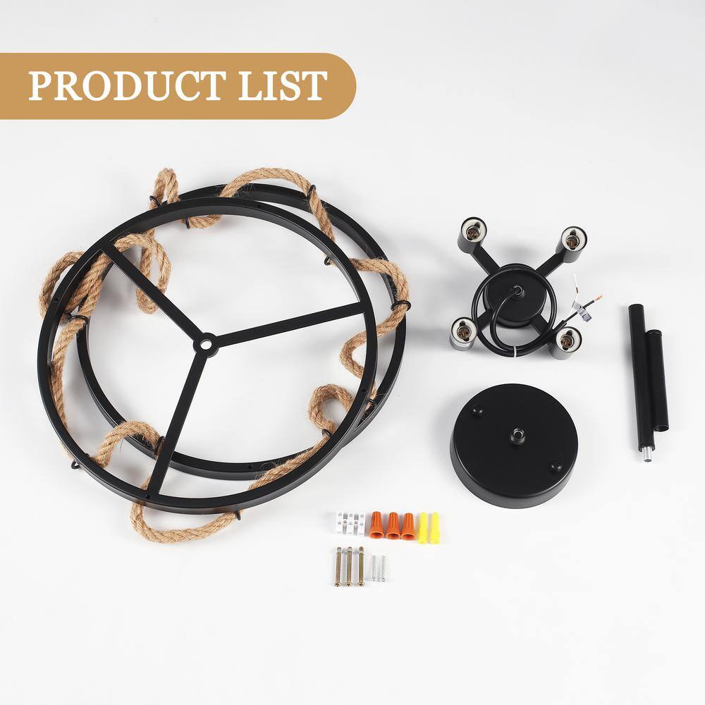 12.6 in. 4-Light Black Drum Metal Hemp Rope Candlestick Semi- Flush Mount Light with No Bulbs Included - Hercitys