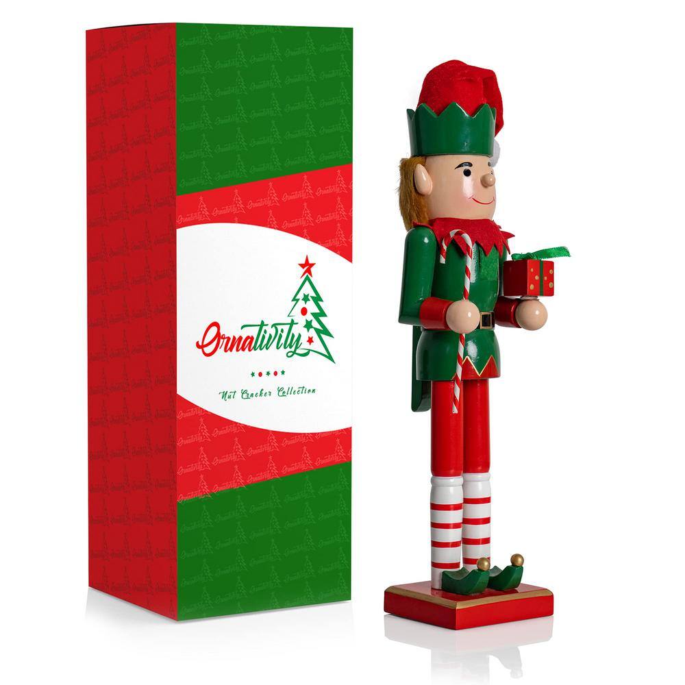 15 in. Wooden Christmas Elf Holiday Nutcracker-Red and Green Elf with Candy Cane and Gift Box Holiday Nutcracker Decor - Hercitys