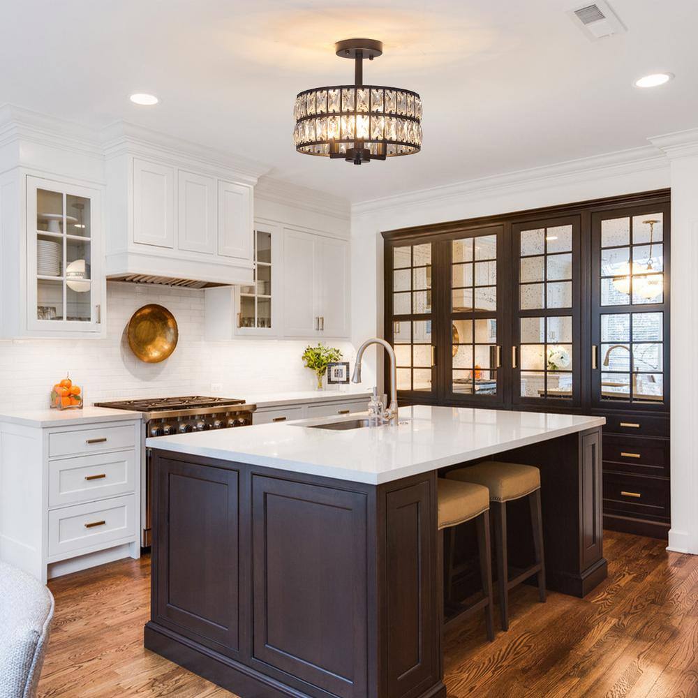 12.59 in. Koyal 3-Light Round Black Drum Chandelier Semi Flush Mount Ceiling Light with Clear Crystal Glass Drum Shade - Hercitys