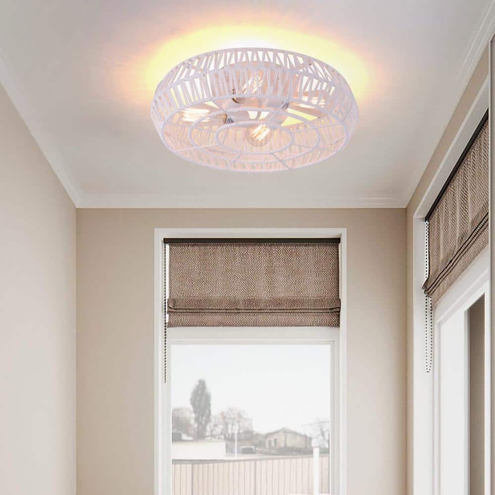 19.3 in. 4-Light White Caged Flush Mount with Rattan Shade and No Bulbs Included - Hercitys