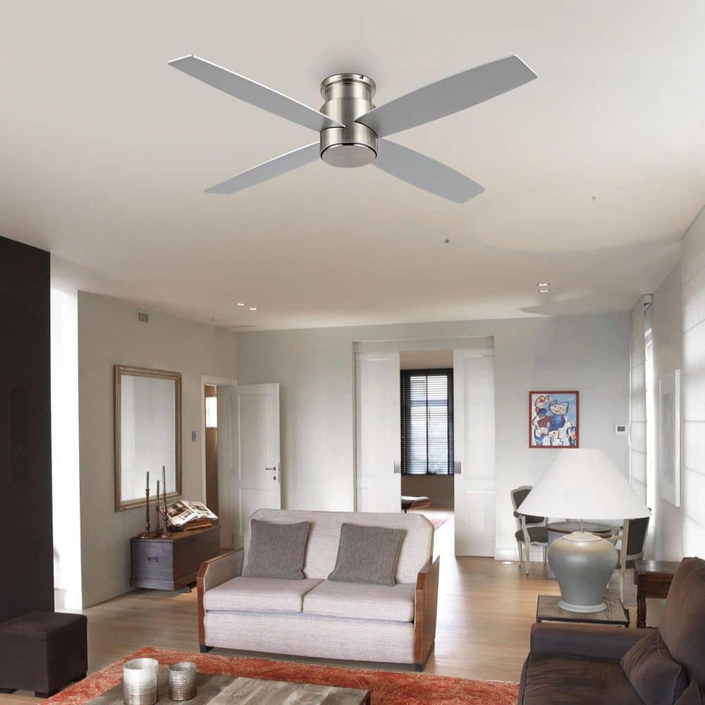 52 in. Nickel Flush Mount DC Ceiling Fan without Lights, 4 Reversible Blades - Hercitys