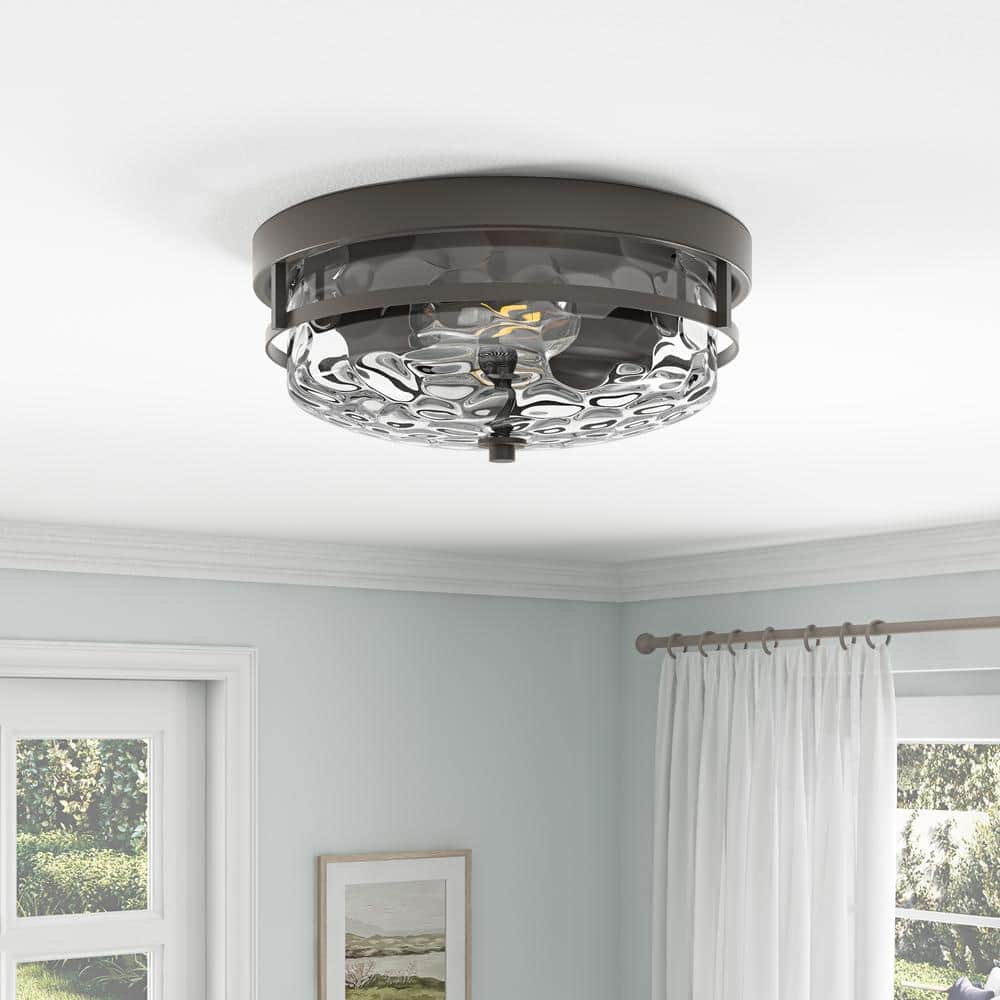 13 in. 2-Light Farmhouse Oil Rubbed Bronze Flush Mount Ceiling Light Fixture with Water Ripple Glass Shade - Hercitys