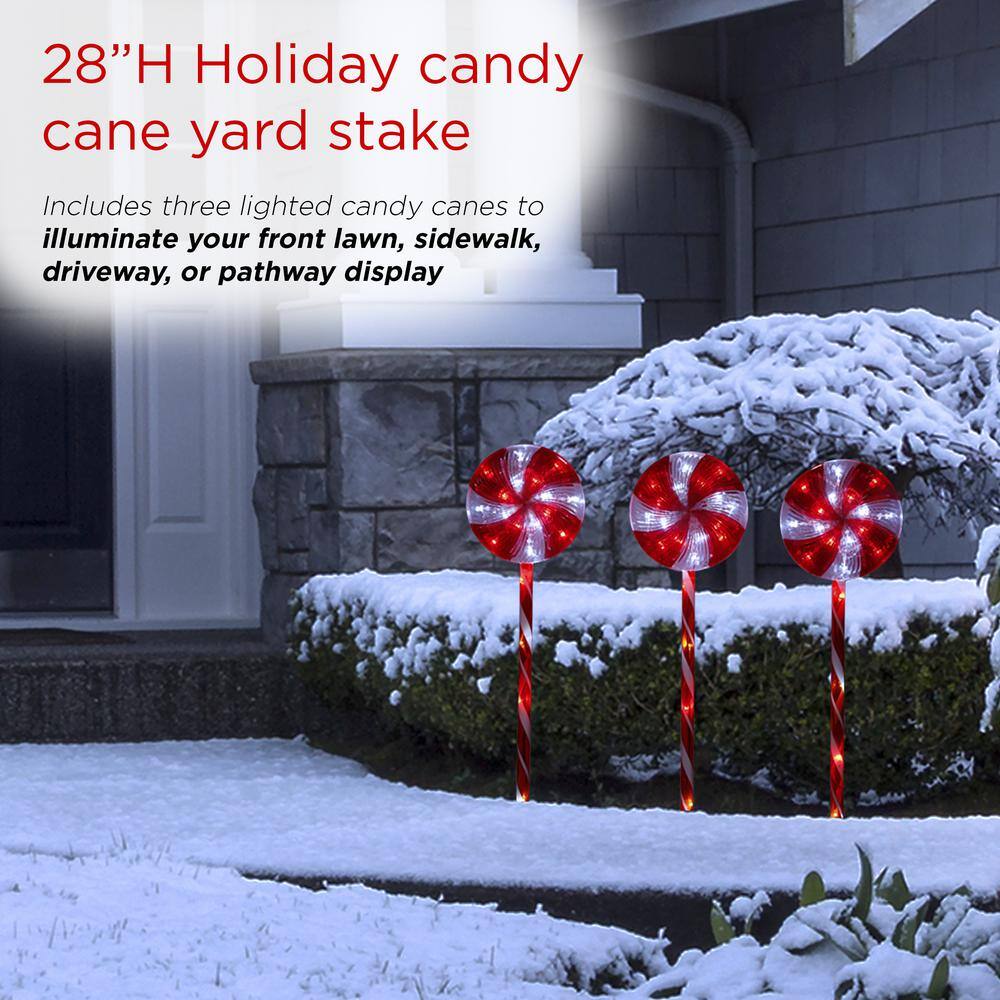 28 in. Tall Candy Cane Pathway with Red and White LED Lights, Set of 3 - Hercitys