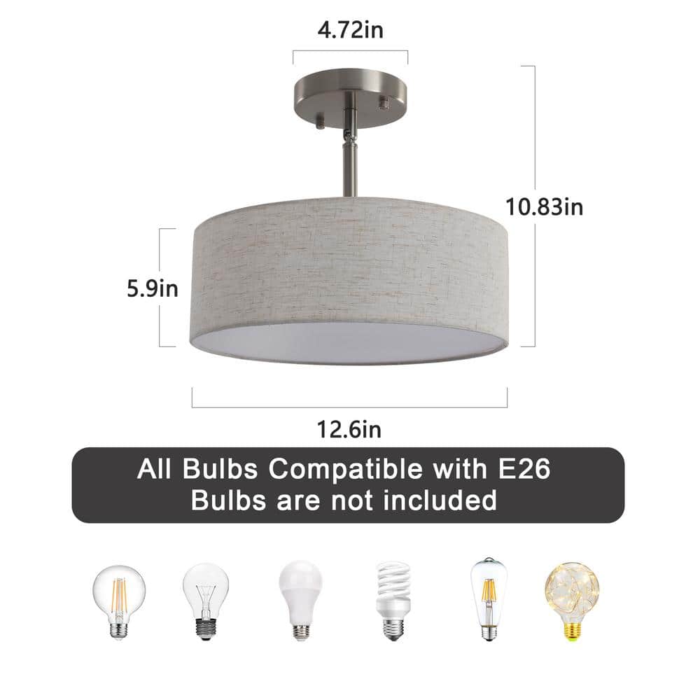 12.6 in. 3-Light Nickel Drum Linen Blend Semi Flush Mount Ceiling Light with White Fabric Shade and No Bulbs Included - Hercitys