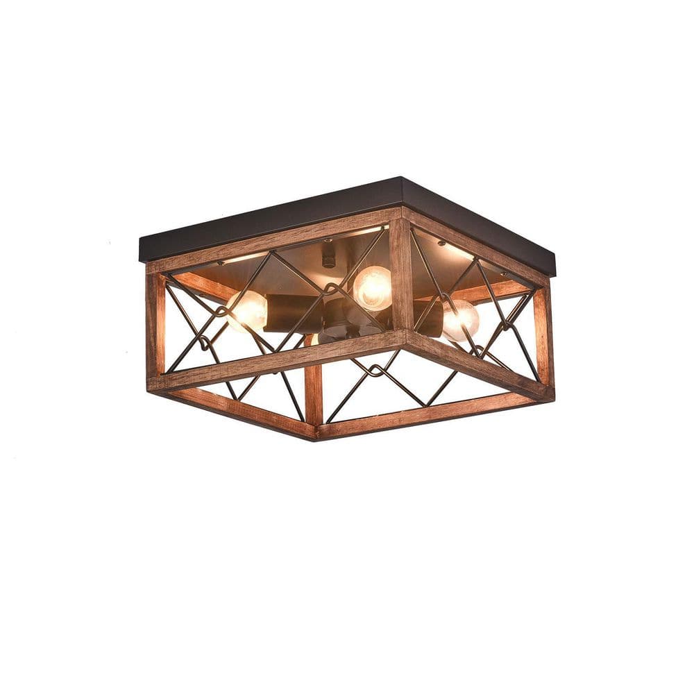 12.6 in. 4-Light Black Vintage Farmhouse Style Flush Mount Cage Ceiling Light with Wooden Shade - Hercitys