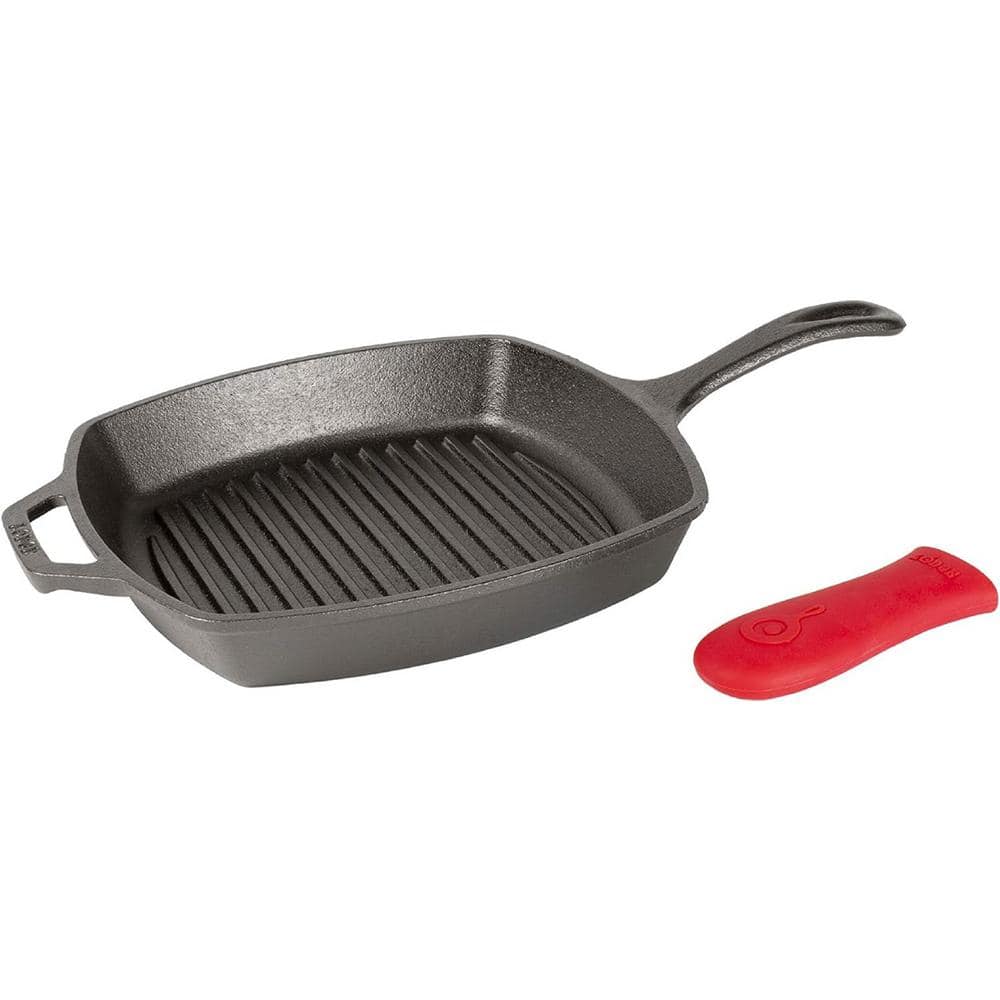 10.5 in. Cast Iron Pre-Seasoned and Ready-to-use Square Grill Pan in Black with Red Silicone Hot Handle Holder - Hercitys