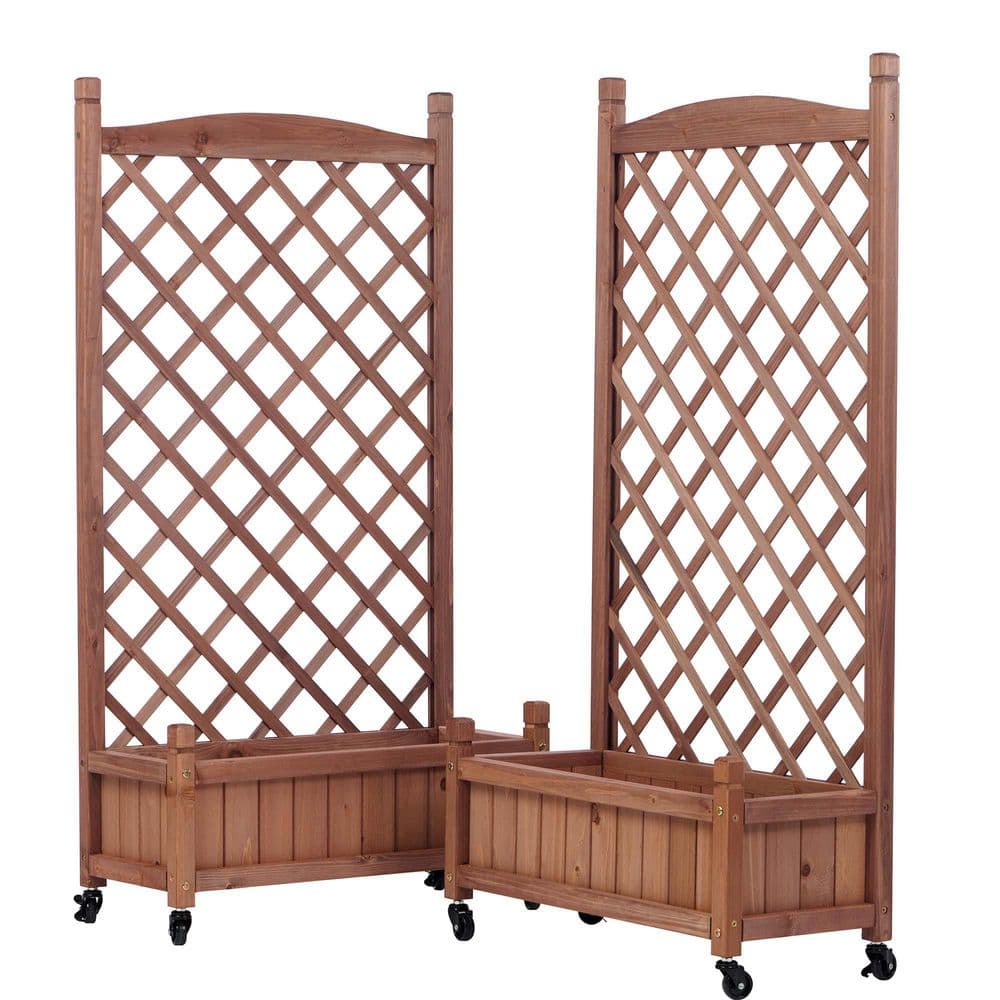 25 in. x 11 in. x 42.3 in. Raised Bed with Trellis (2 Pack) Wood Planter Box and Plant Stand with Climbing Racks, Brown - Hercitys