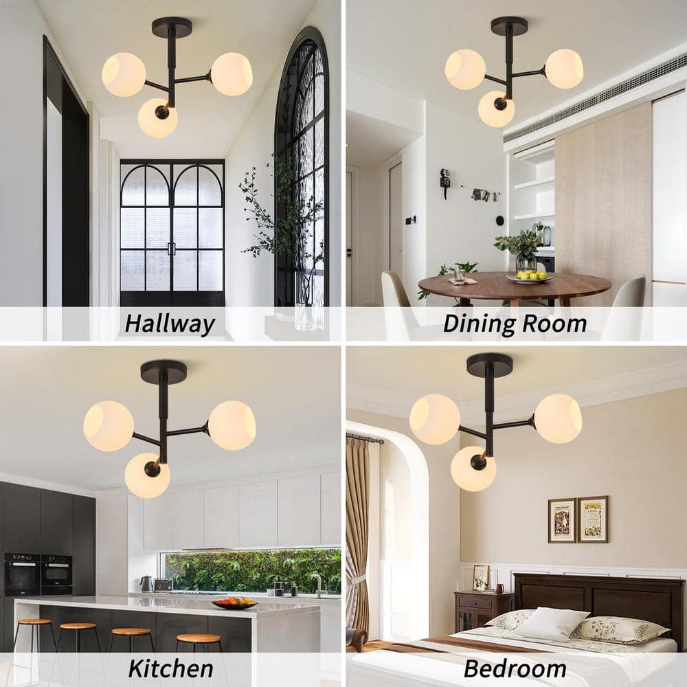 19 in. 3-Light Black Semi-Flush Mount with Frosted Opal White Ribbed Glass Shade - Hercitys