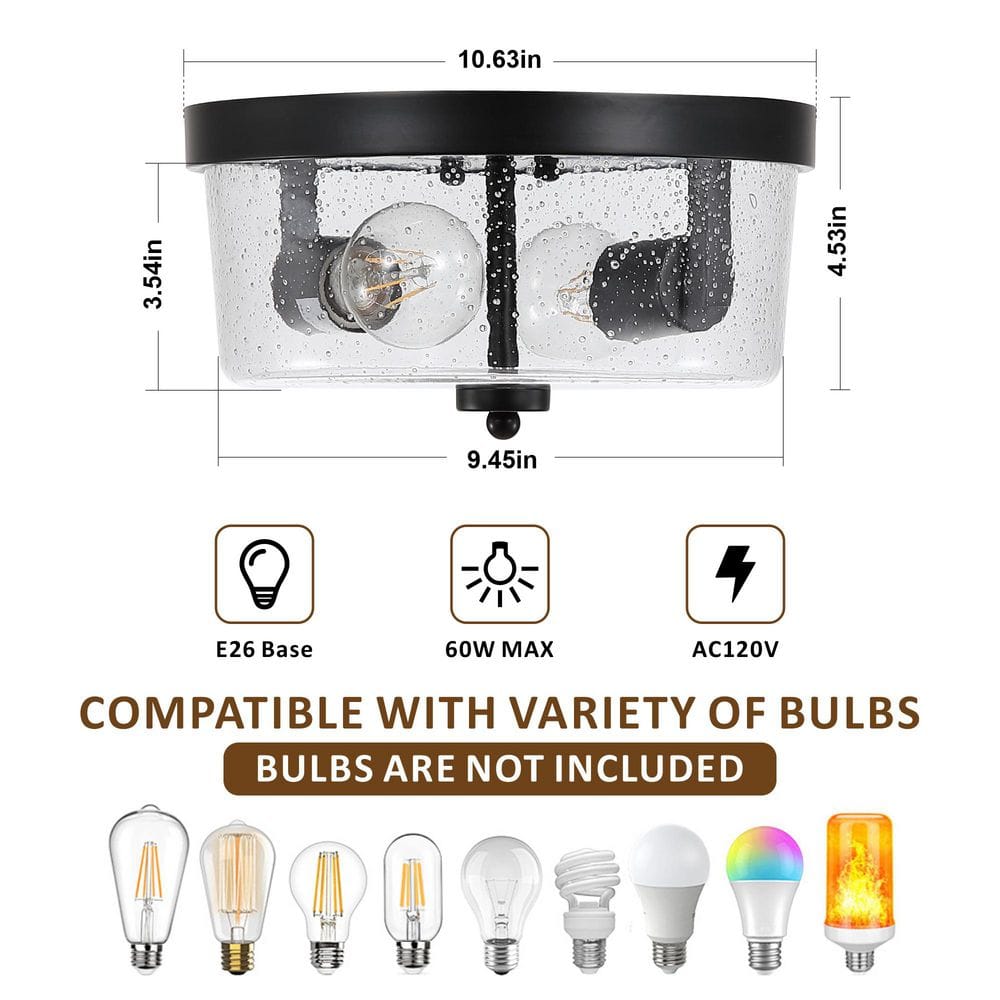 10.63 in. 2-Light Matte Black Flush Mount with Seeded Glass Drum Shade(2-Pack) - Hercitys