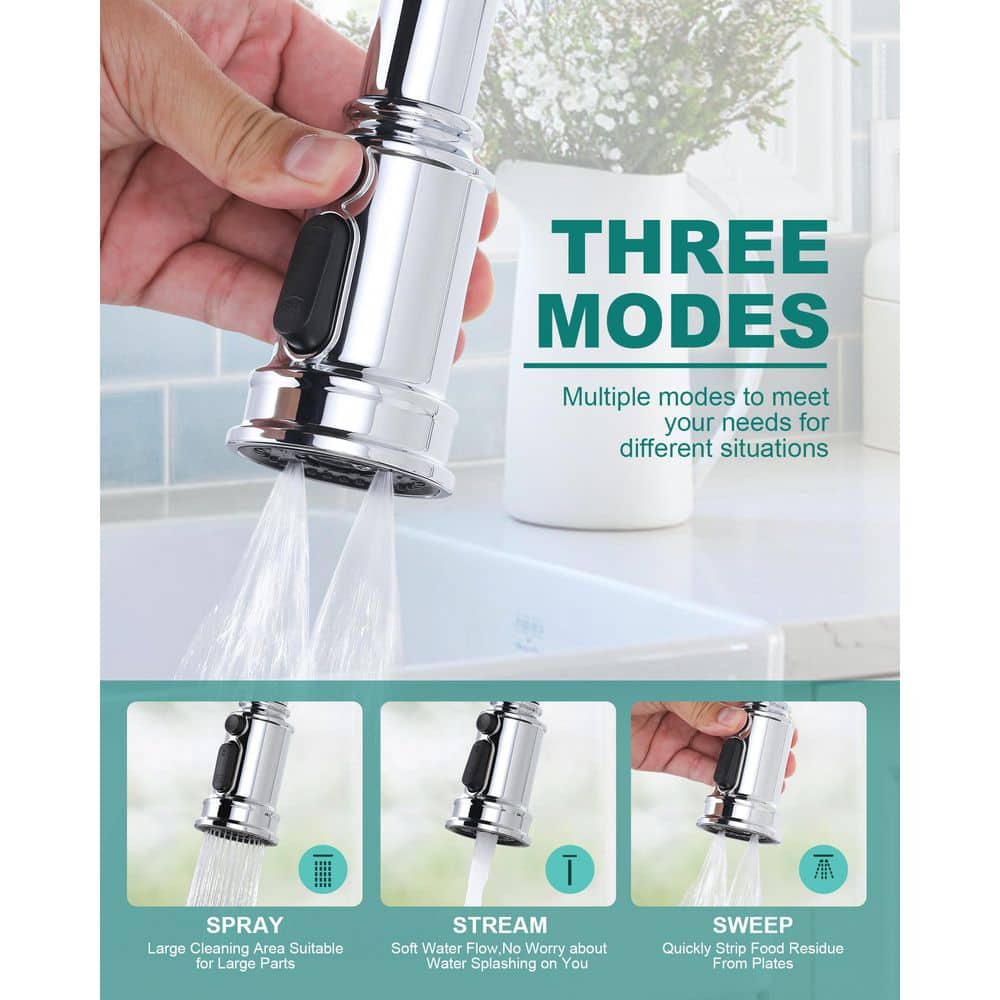 17.4 in Double Handle Pull Out Sprayer Kitchen 3 Hole Included Supply Lines in Polished Chrome - Hercitys