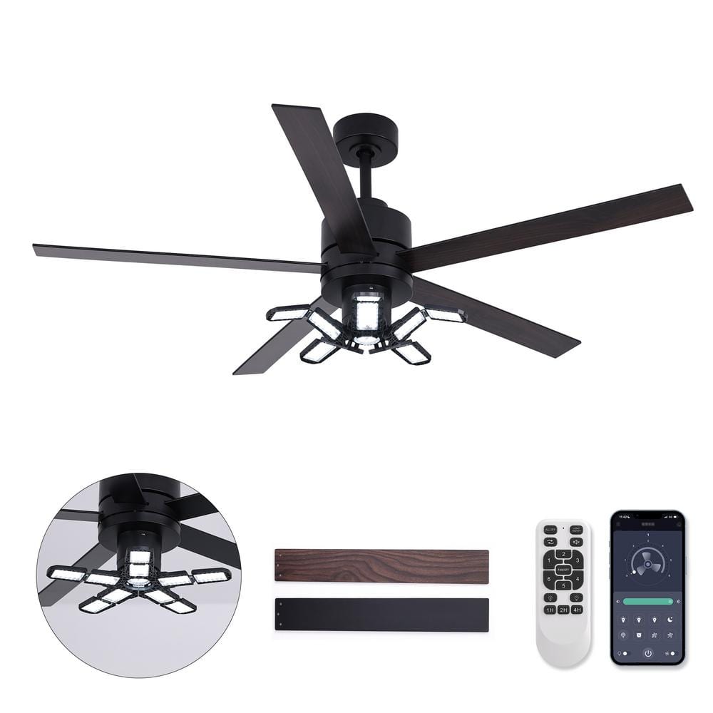 56 in. Indoor Black Standard Ceiling Fan with Dimmable LED Light Garage Light with Fan and Remote - Hercitys
