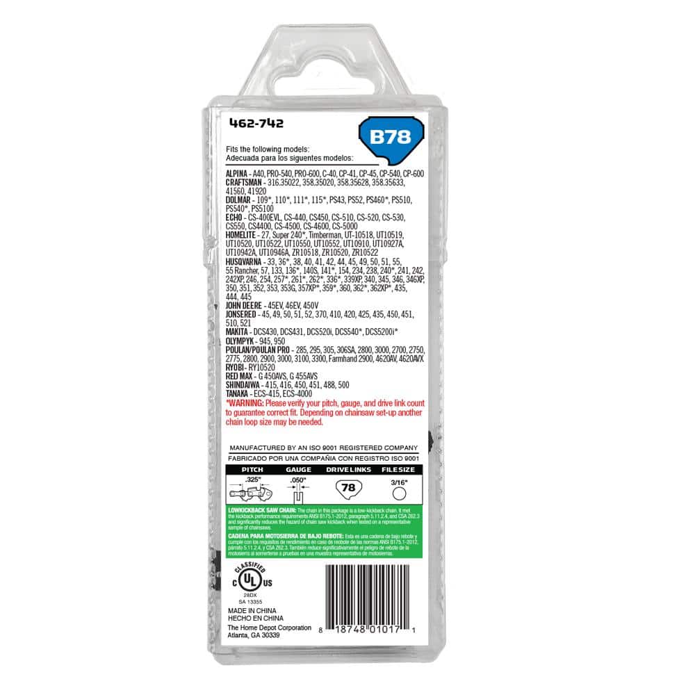 20 in. B78 Semi Chisel Chainsaw Chain 78 Link - Hercitys