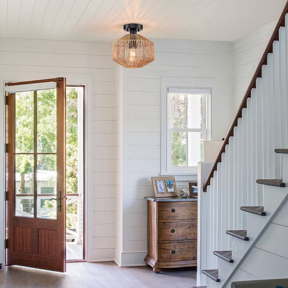 10.2 in. 1-Light Bohemian Natural Jute Rope Semi-Flush Mount Ceiling Light with Black Hardware - Hercitys