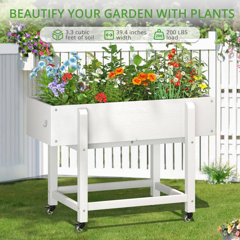 39 in. x 16.7 in. x 28 in. White Plastic Mobile Elevated Garden Beds with Lockable Wheels, Liner - Hercitys