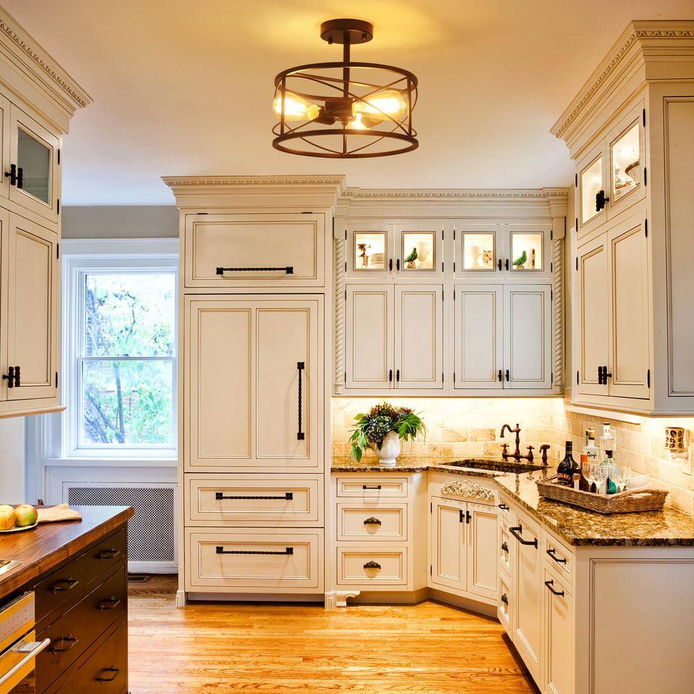 12.6 in. 3-Light Black Semi Flush Mount Ceiling Light Fixture with Metal Cage and No Bulbs Included - Hercitys