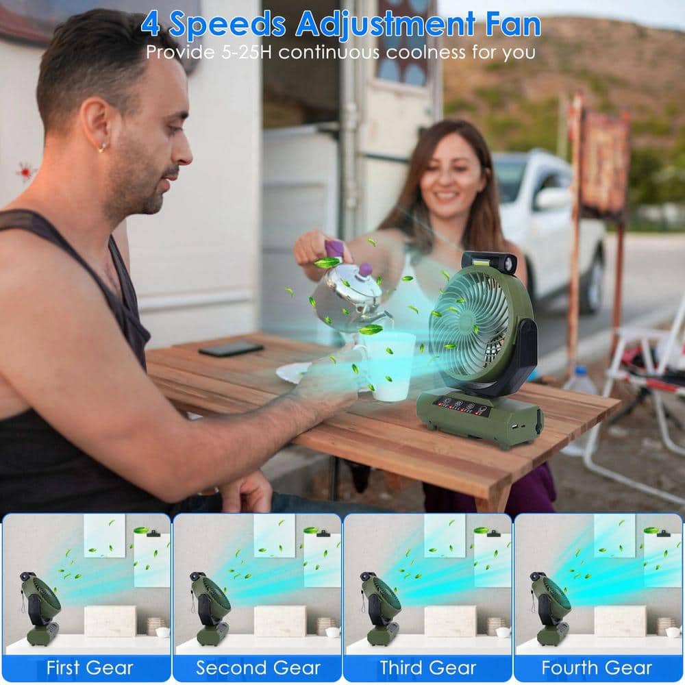 20000mAh 7 in. 4 Fan Speeds Desk Fan in Green with Flashlight Hanging Hook, Remote Control, Power Bank and Timer Speed - Hercitys