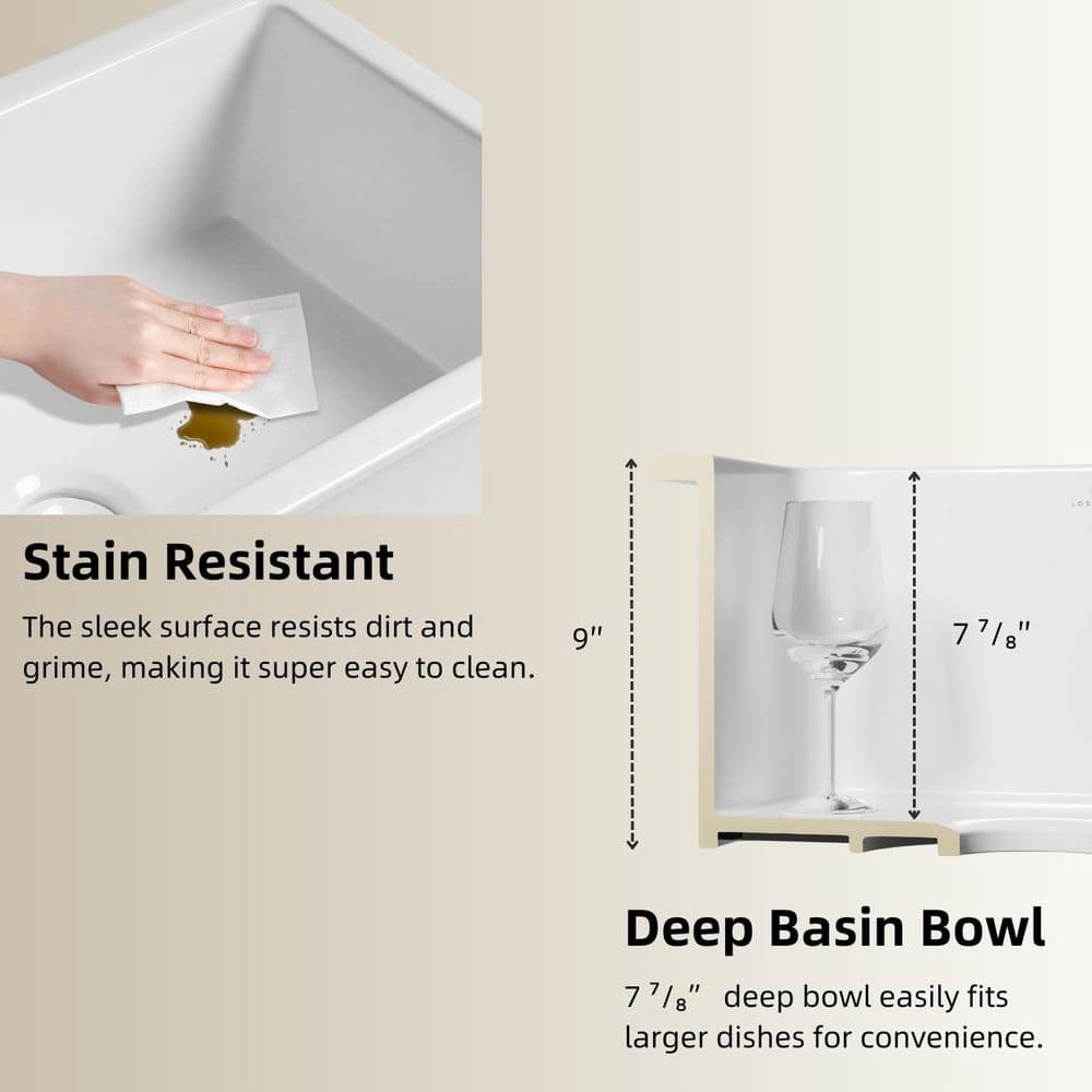 18 in. White Undermount Kitchen Sink, Dual Mount Square Fireclay Sink, Deep Single Bowl with Grid and Drain Strainer - Hercitys