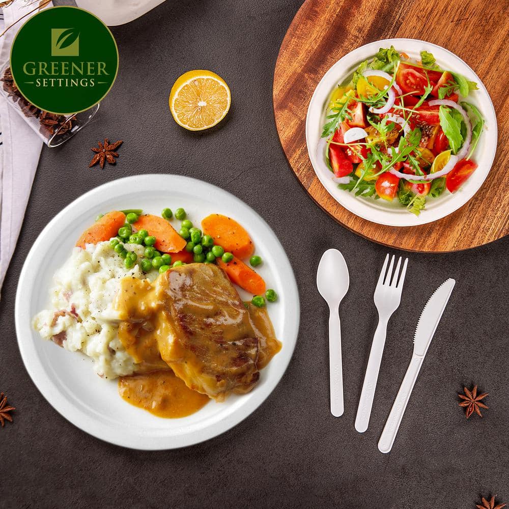 10/7 in. White Compostable Disposable Paper Plate Set Plus Cutlery [25 Guest Service] - Hercitys