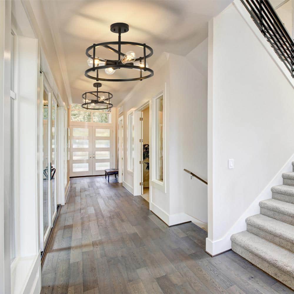 16.54 in. 4-Lights Farmhouse Matte Black Round Cage Industrial Semi-Flush Mount Ceiling Light - Hercitys