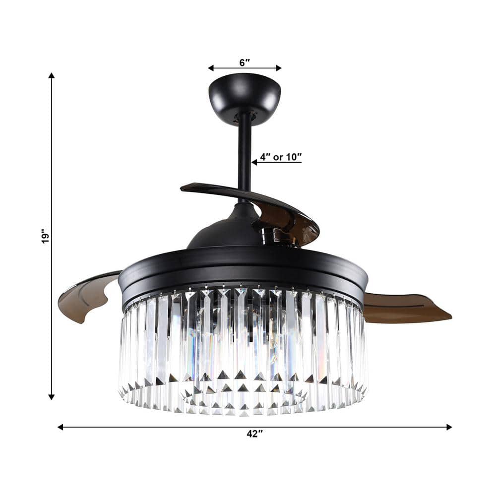 42 in. Black Crystal Retractable Ceiling Fan with Light Kit and Remote Control - Hercitys