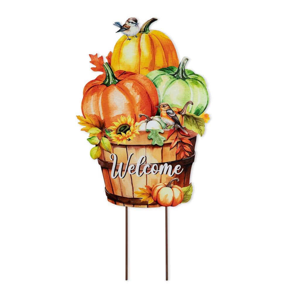 30.25 in. H Fall Metal Pumpkins with Barrel Yard Stake - Hercitys