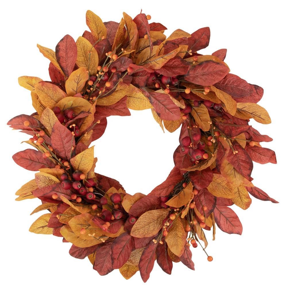 24 in. Red Unlit Berries with Leaves Artificial Harvest Wreath - Hercitys
