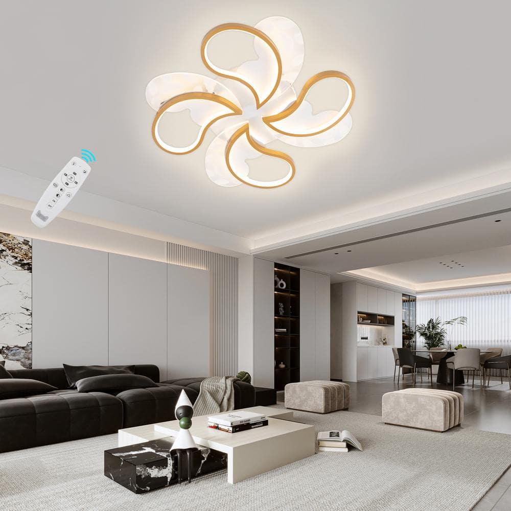 19.68 in. 1-Light Gold and White Modern Petal-Shaped Dimmable Selectable LED Semi-Flush Mount Ceiling Light with Remote - Hercitys