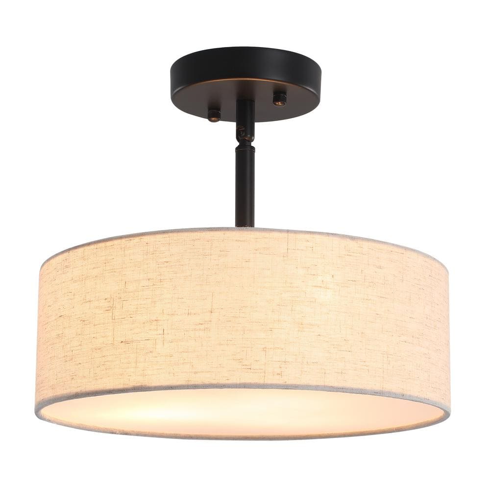 12.6 in. 3-Light Black Drum Linen Blend Semi Flush Mount Ceiling Light with White Fabric Shade and No Bulbs Included - Hercitys