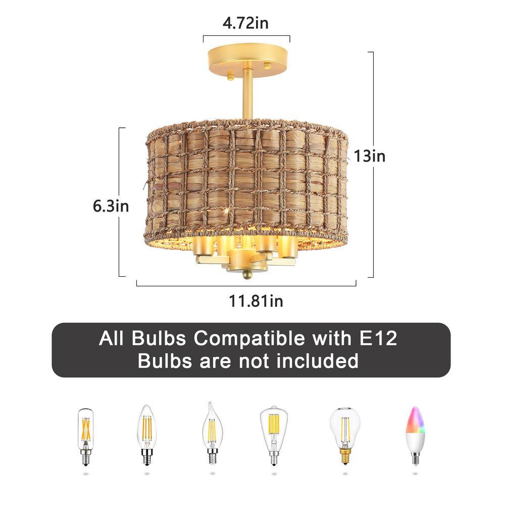 11.81 in. 4-Light Gold Drum Natural Rattan Seagrass Semi Flush Mount Ceiling Light Fixtures with No Bulbs Included - Hercitys