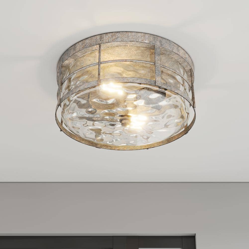 12.99 in. 2-Light Industrial Rustic Flush Mount Ceiling Light Fixture with Glass Shade - Hercitys