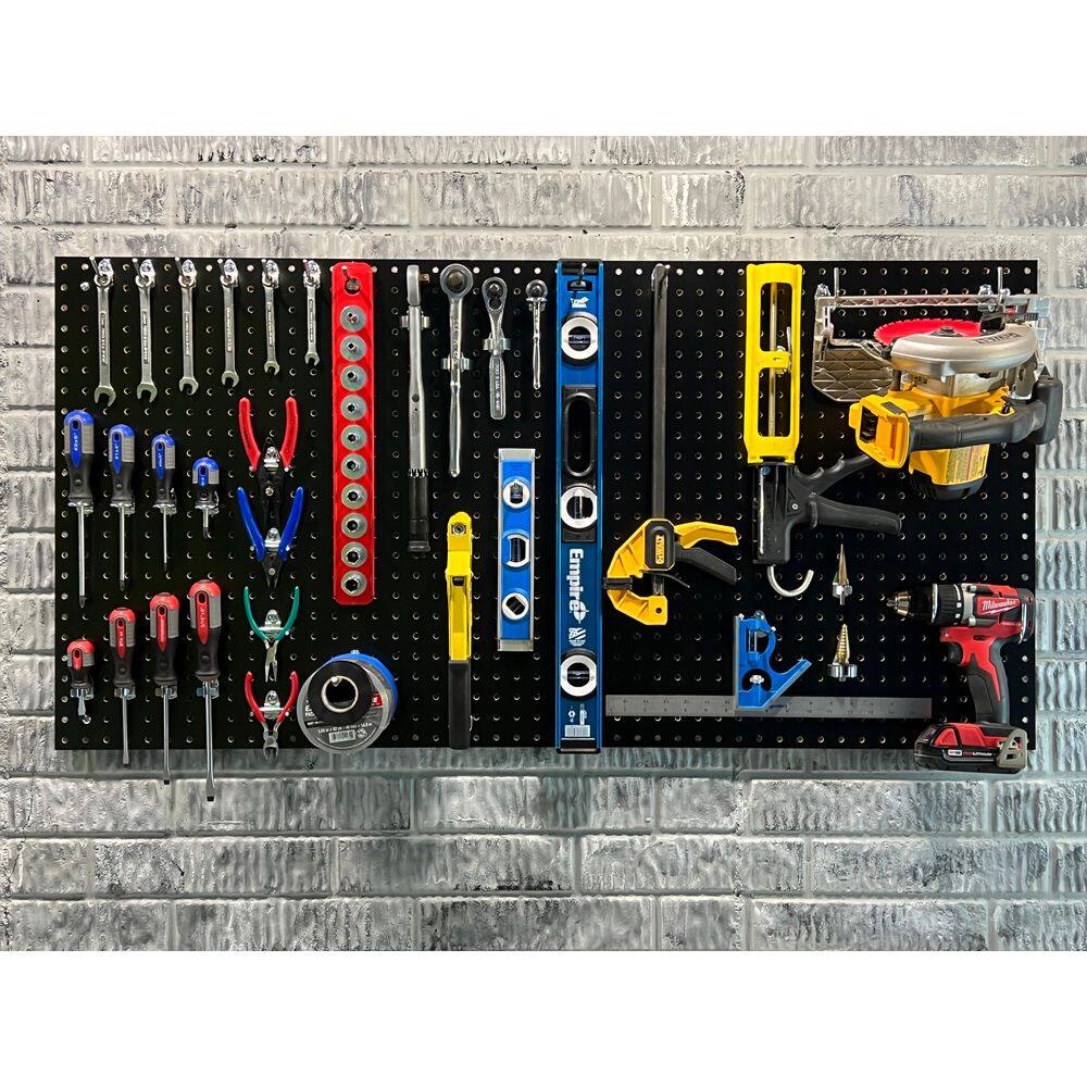 1/4 in. Custom Painted Black Pegboard Wall Organizer with 36-Piece Locking Hooks - Hercitys