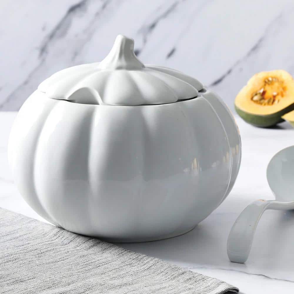 10.6 in. 160 fl. oz. White Ceramic Pumpkin Soup Tureen Serving Bowl with Lid and Ladle - Hercitys