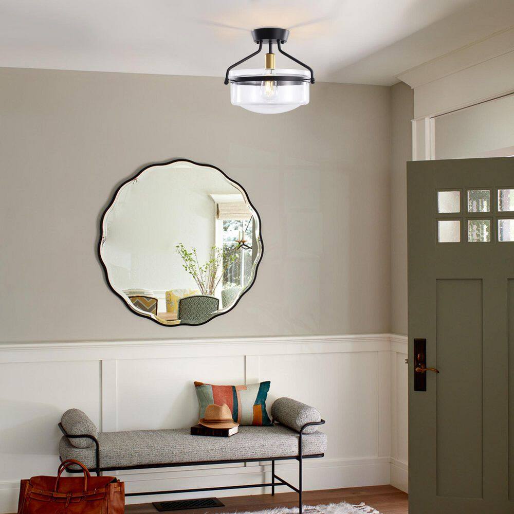 13.3 in. 1-Light Black Modern Semi-Flush Mount Ceiling Light with Glass Shade - Hercitys