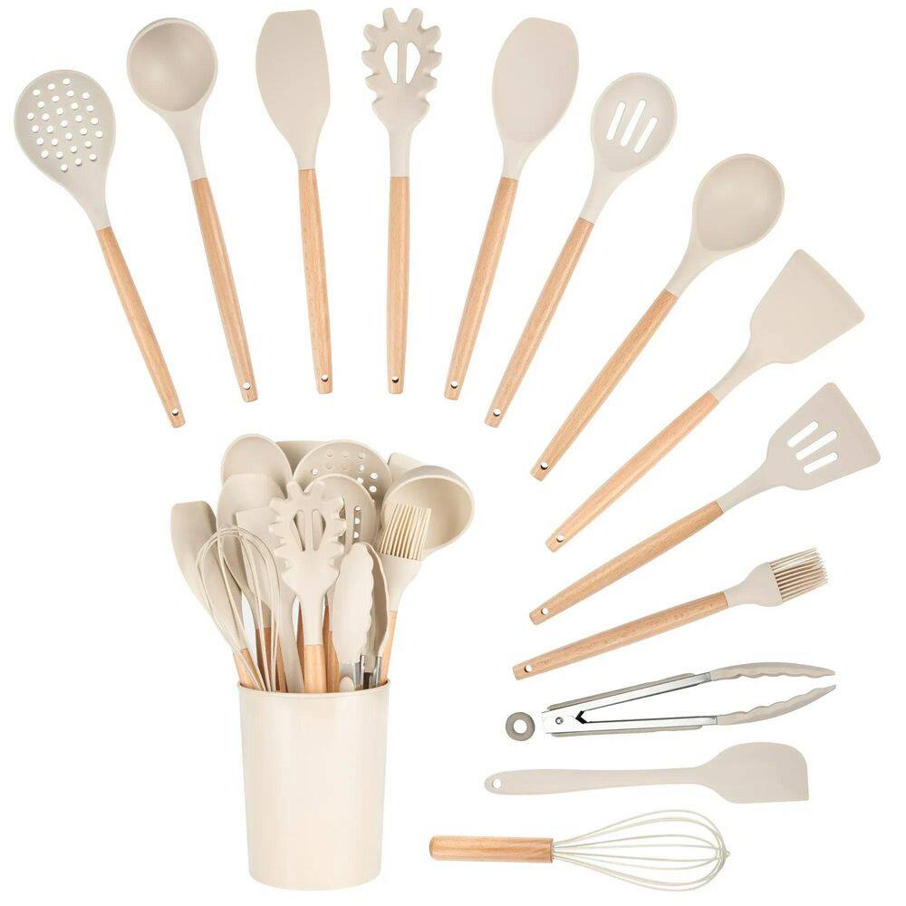 14-Piece Kitchen Cooking Tools Utensil Set with Caddy, Wooden Handle, Nonstick Silicone and Heat-Resistant, Beige - Hercitys