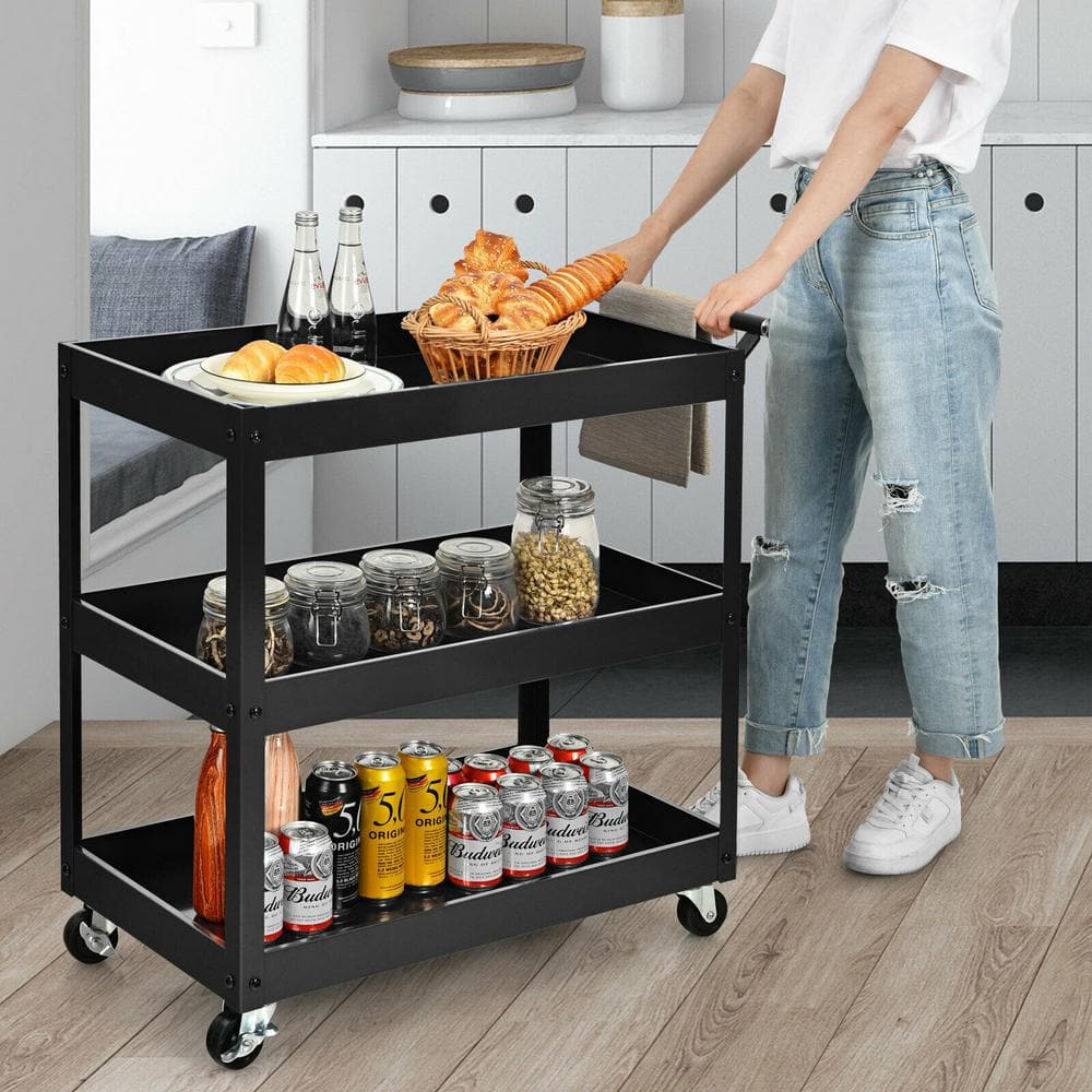 3-Tier Black Rolling Utility Kitchen Cart on Wheels with Steel Frame and Four Wheels - Hercitys