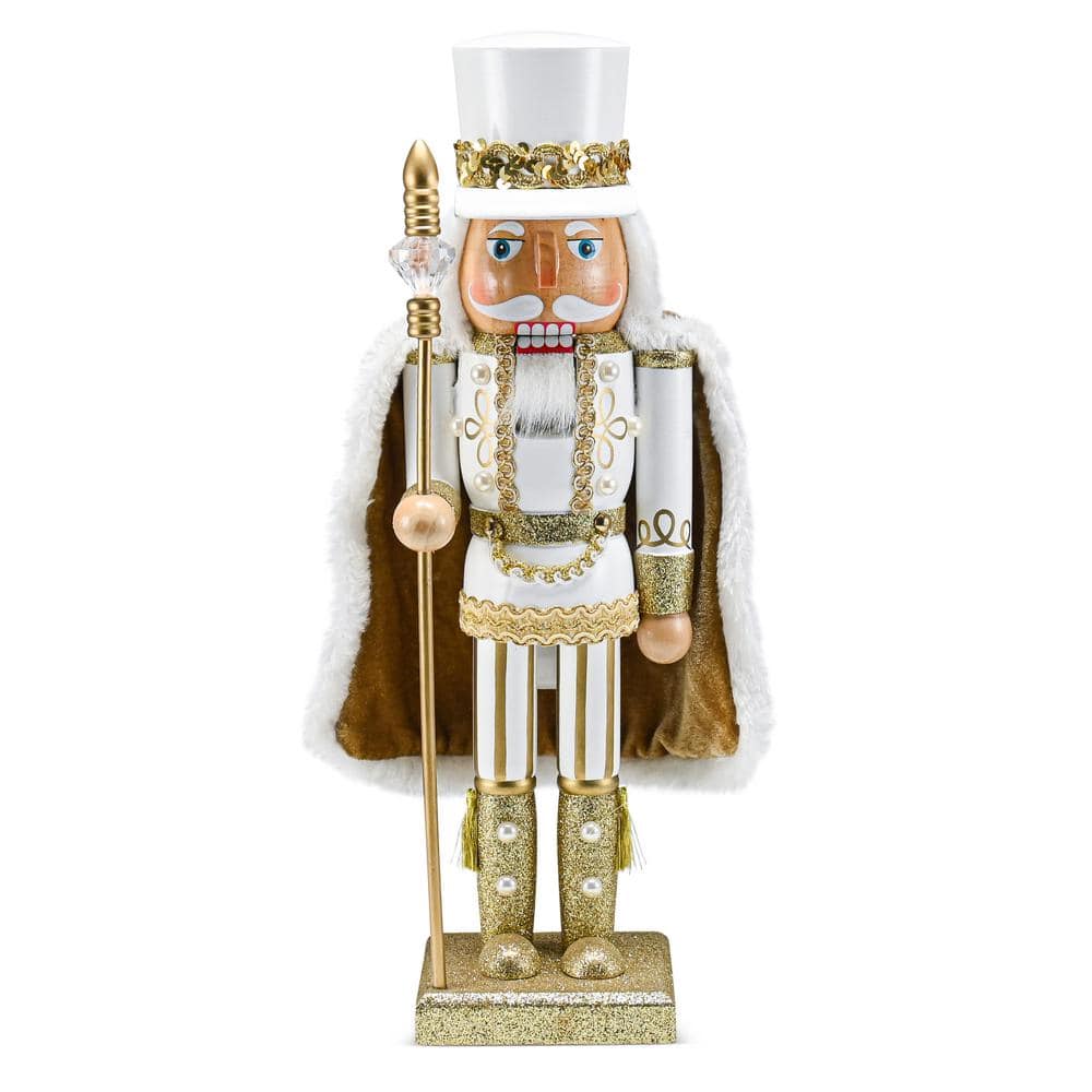 14 in. Wooden Christmas Gold King Nutcracker-Gold and White Glittered Nutcracker with Gold and White Fur Cape and Staff - Hercitys