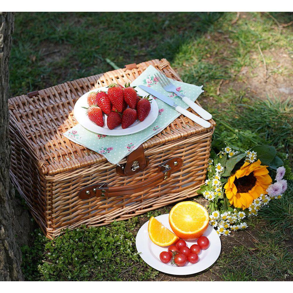 2-Person Wicker Picnic Basket with Utensils Cutlery, Handmade Willow Hamper Basket - Hercitys