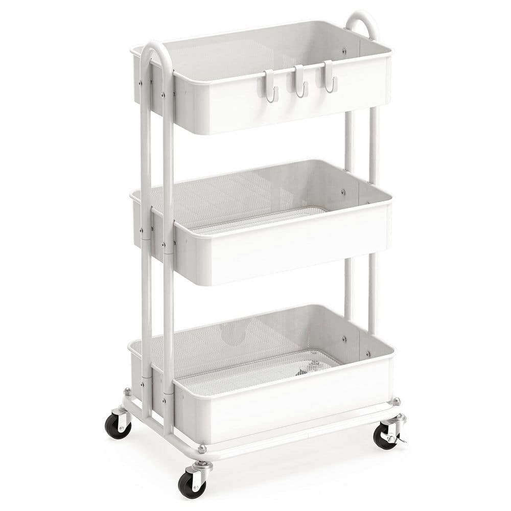 3-Tier Metal -Wheeled Utility Cart in White - Hercitys