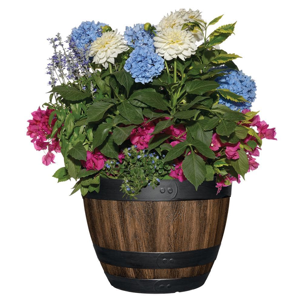 16 in. Reedley Large Kentucky Walnut Brown Resin Wine Barrel Planter (16 in. D x 11.5 in. H) - Hercitys