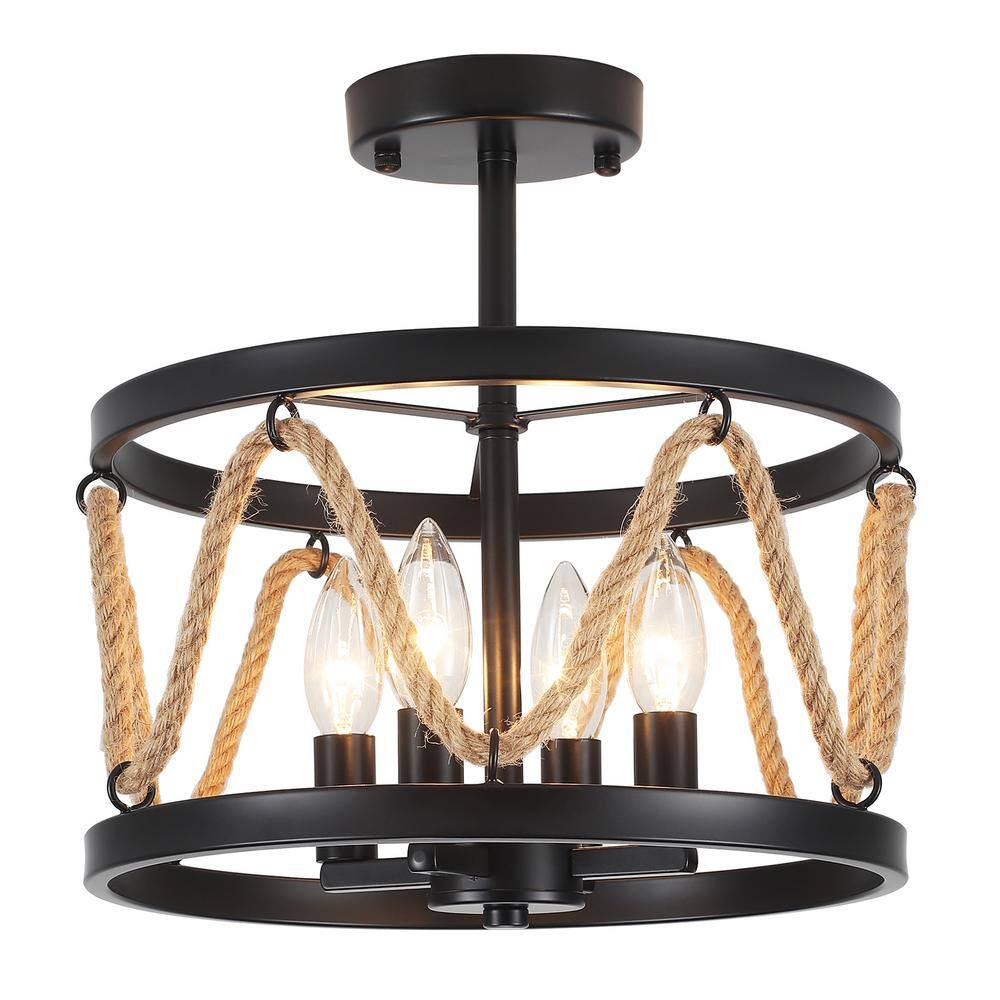 13 in. 4-Light Hemp Rope Black Semi- Flush Mount with No Bulbs Included - Hercitys