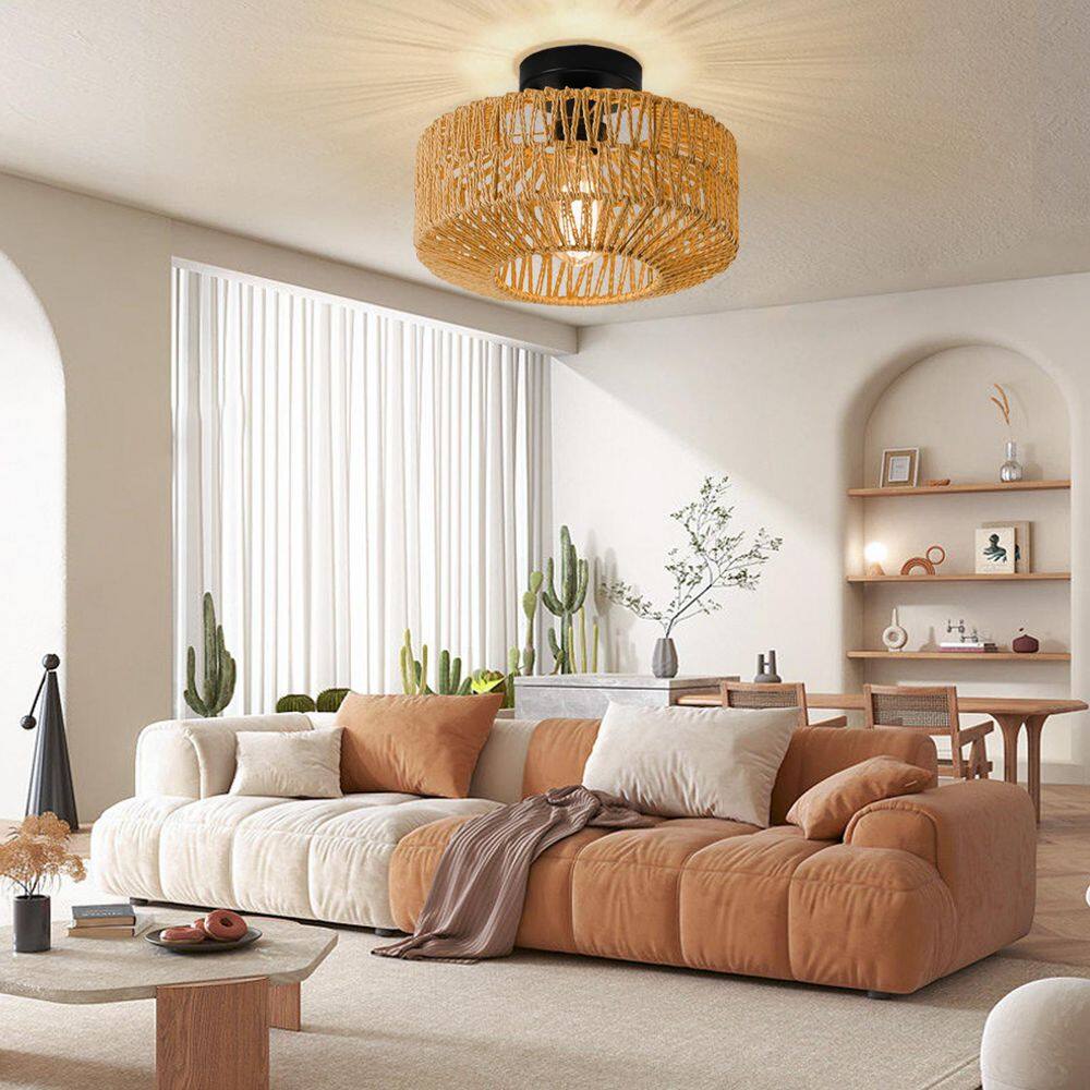 11.8 in. 1-Light Bohemian Natural Rattan Semi-Flush Mount Ceiling Light - Hercitys