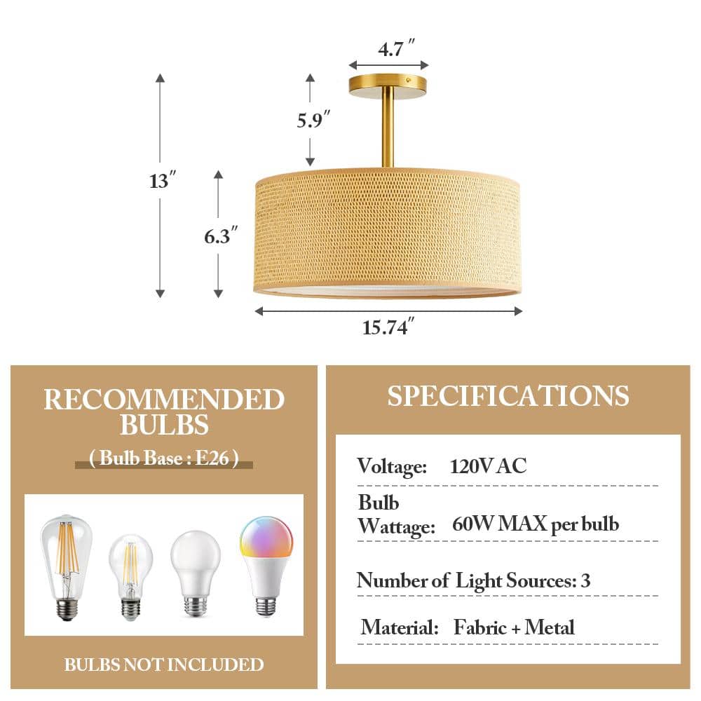 15.7 in. 3-Light Copper Fabric Semi-Flush Mount Ceiling Light - Hercitys