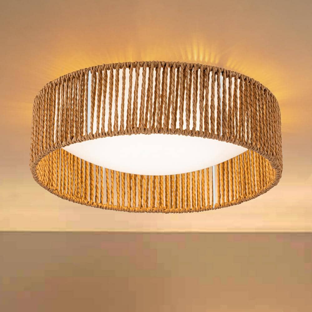 14.25 in. White Dimmable 24-Watt Selectable LED Flush Mount 3000K/4000K/5000K with Paper Rope - Hercitys