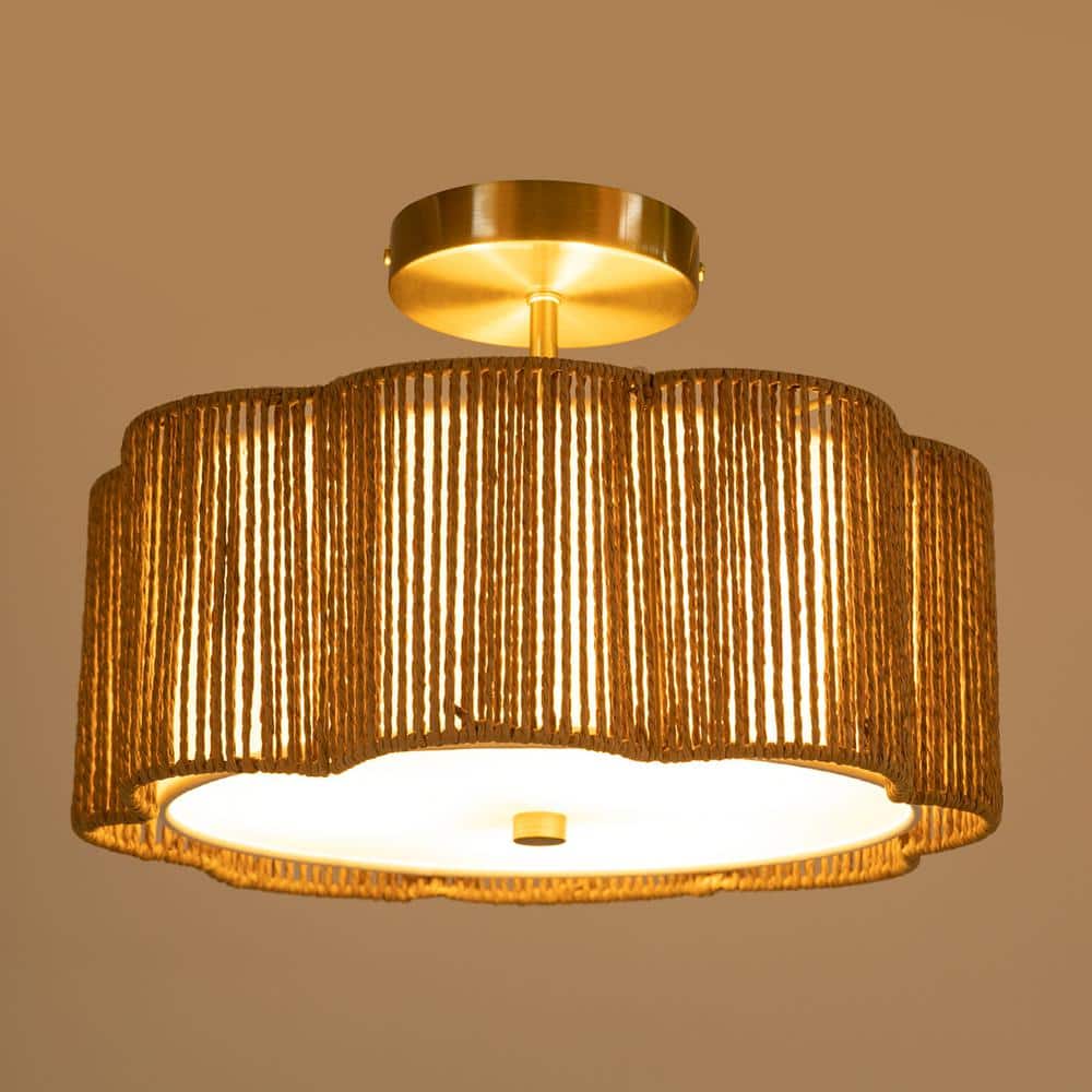 13.4 in. 3-Light Gold Rustic Semi-Flush Mount Ceiling Light with Woven Rattan Shade and No Bulbs Included - Hercitys