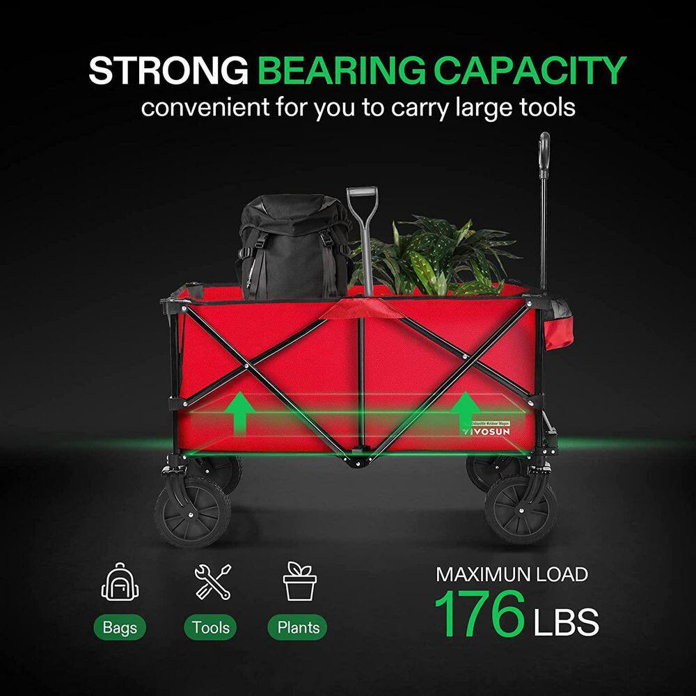 2.5 cu. ft. Collapsible Fabric Garden Cart with Universal Wheels and Adjustable Handle in Red - Hercitys