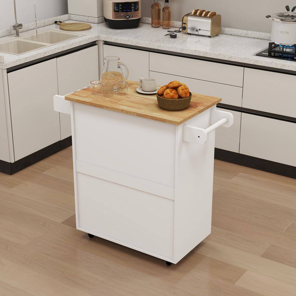 37.99 In. White Wood Kitchen Cart with Adjustable Shelves and Towel Rack Rubber Wood Table Top - Hercitys