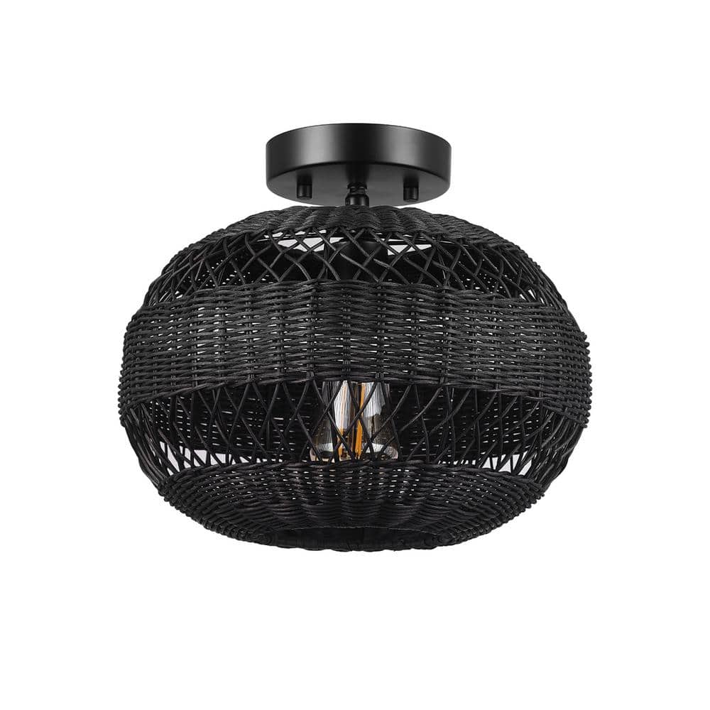 12 in. 1-Light Matte Black Farmhouse Semi-Flush Mount with Rattan Shade and No Bulbs Included - Hercitys